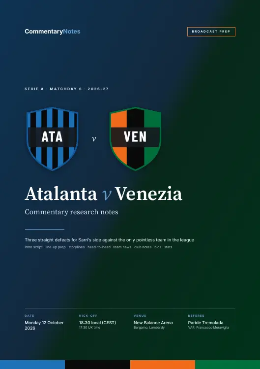 Sample CoComms Pack page: Atalanta v Venezia · cover