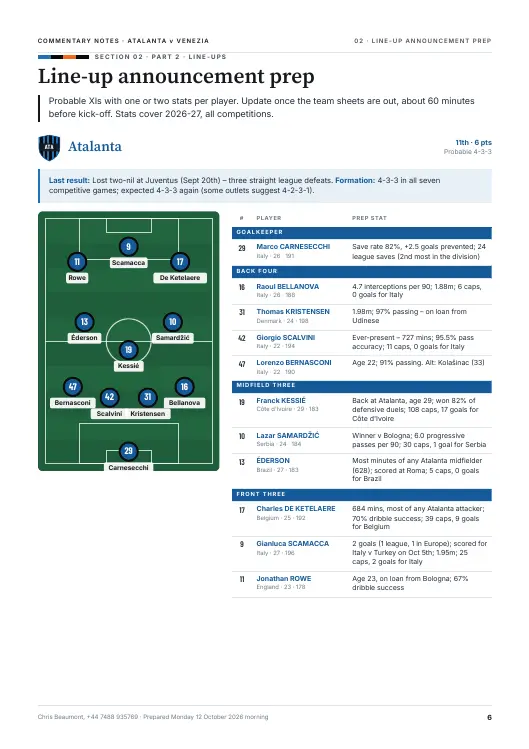 Sample CoComms Pack page: Line-up announcement prep
